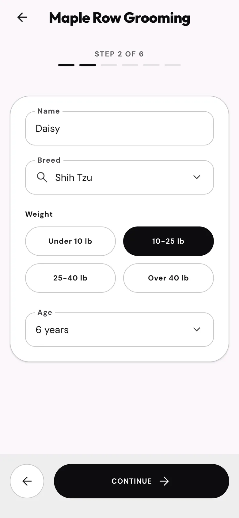 A returning client's form, already filled in with the dog's name, breed, weight and age